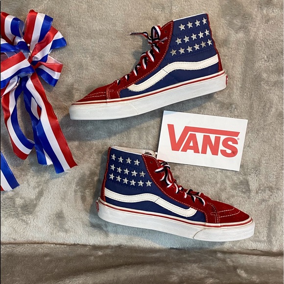 red white and blue vans shoes